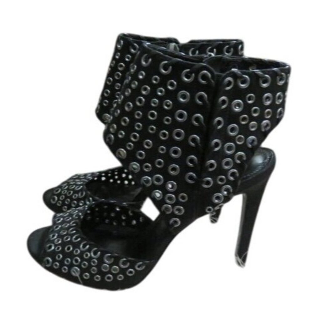 Enzo Angiolini Branon Black Perforated Grommet Leather Whipstitch Peep Toe Heels